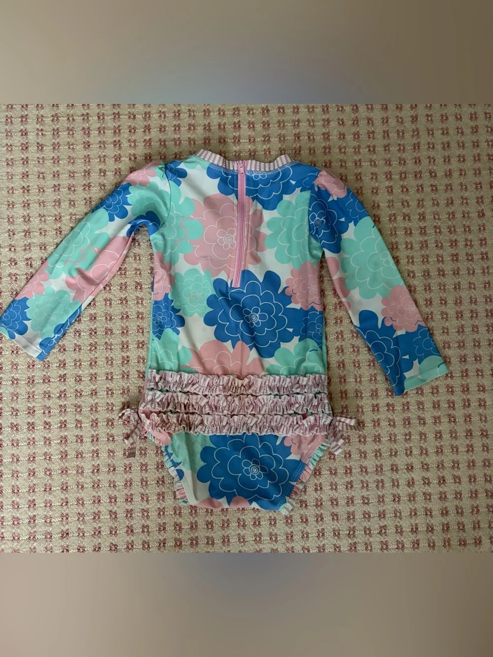 Ruffle Butts Floral Long-Sleeve Rashguard One-Piece - Pink, Blue & Mint